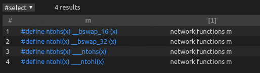 CodeQL output: query ntohs, ntohl macro definition  /2020/codeql-uboot-bug-hunting/02.png